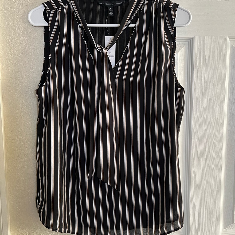 Tie-neck blouse.  Black, ecru w/ a tan strip.